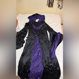 Medieval Black and Purple velvet hooded Women's dress with extreme bell sleeves